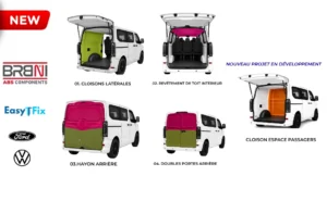 Composants intérieurs BRBNI ABS Components pour Ford Transit Custom et Volkswagen Transporter T7 double cabine, avec cloisons latérales, revêtement de toit intérieur, hayon arrière, doubles portes arrière et cloison espace passagers en développement.