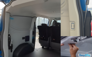 Dettagli sistema EasyFix e allestimento interno BRBNI ABS per Volkswagen Transporter T7 doppia cabina con pannelli laterali vano posteriore