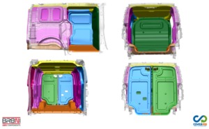 KIA PV5 Cargo 3D technical views of CoverABS lining kit and BRBNI ABS components for cargo area panels and wheel arch covers