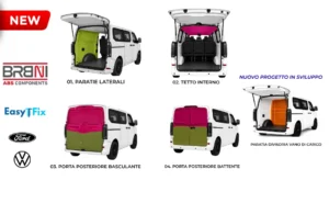 Componenti interni BRBNI ABS Components per Ford Transit Custom e Volkswagen Transporter T7 doppia cabina, con paratie laterali, tetto interno, portellone posteriore, porte posteriori battenti e paratia vano passeggeri in sviluppo.
