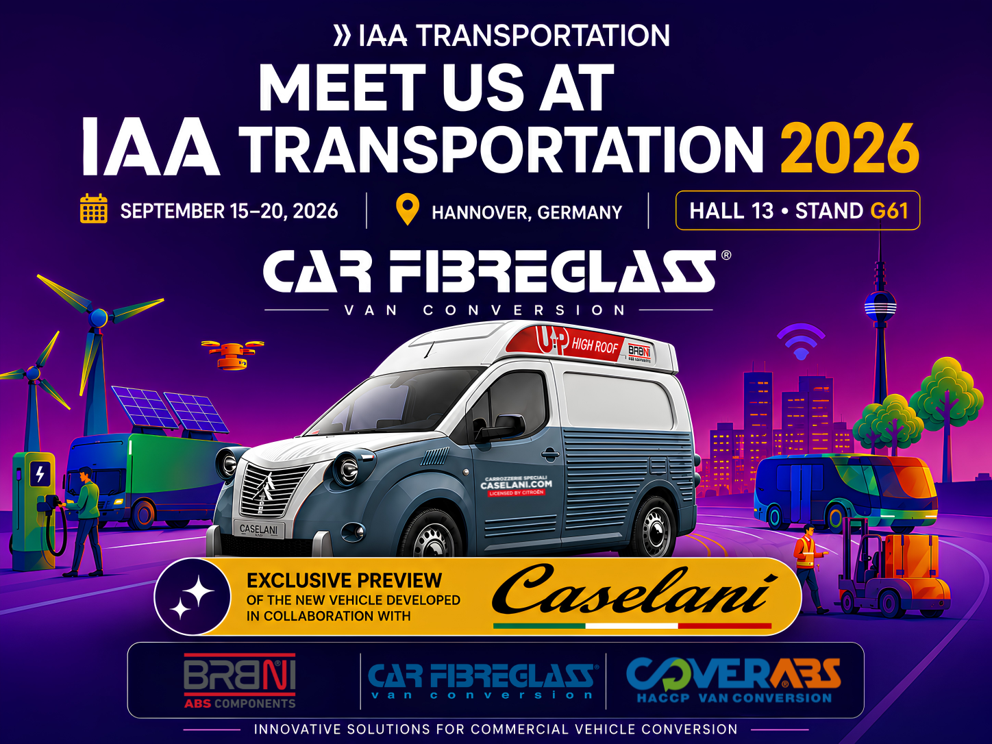 Grafica della partecipazione di BRBNI a IAA Transportation 2026 con il veicolo dotato di tetto alto BRBNI, sviluppato in collaborazione con Caselani.